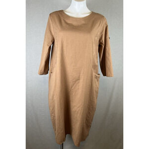 Womens Size M Linen Blend Tan Brown Pullover Dress Pockets Lagenlook Minimalist